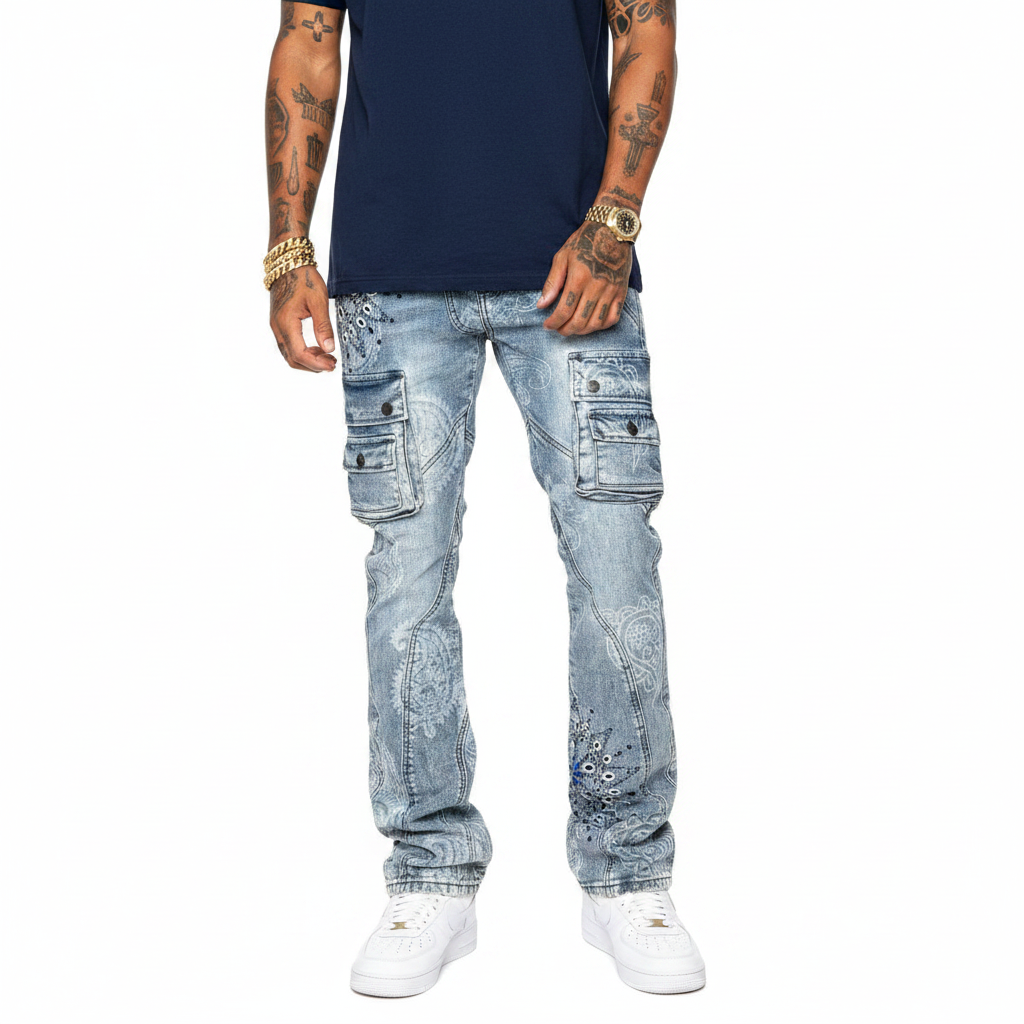 VICIOUS Paisley Rhinestone Cargo Flare Jeans - Blue