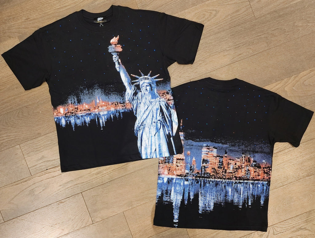 Mr. Wave Statue of Liberty Skyline Rhinestone Shirt - Black