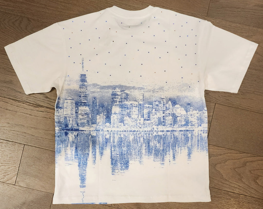 Mr. Wave Statue of Liberty Skyline Rhinestone Shirt - White