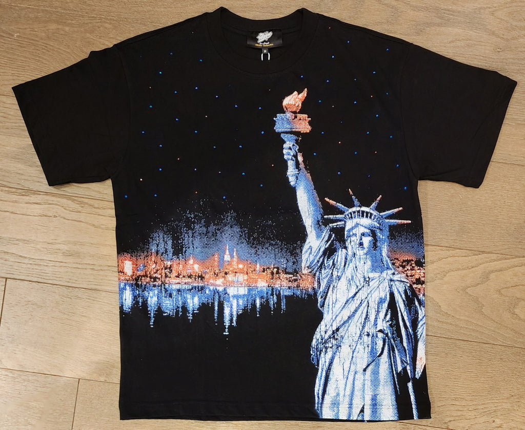 Mr. Wave Statue of Liberty Skyline Rhinestone Shirt - Black