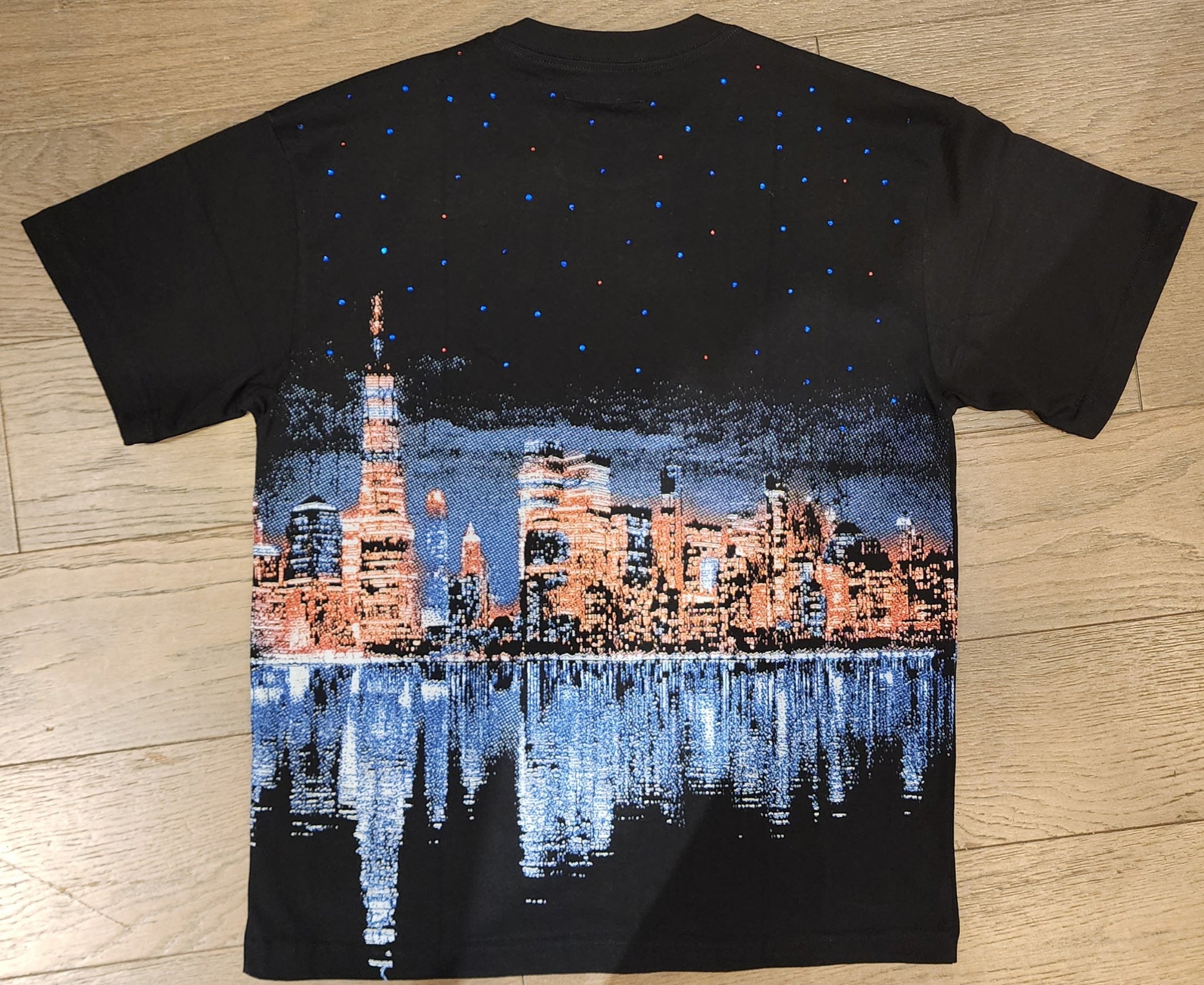 Mr. Wave Statue of Liberty Skyline Rhinestone Shirt - Black