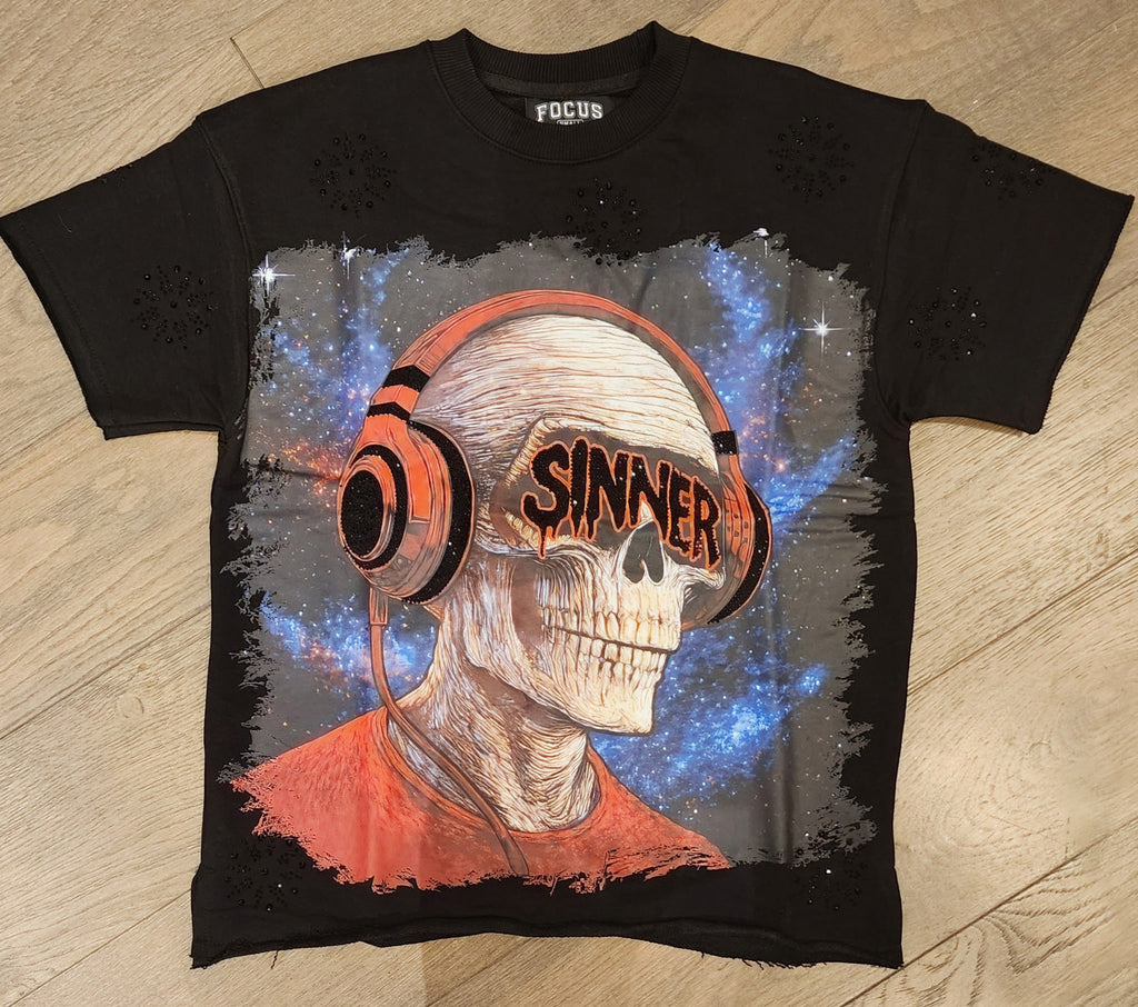 Focus "Sinner" Rhinestone Shirt - Black