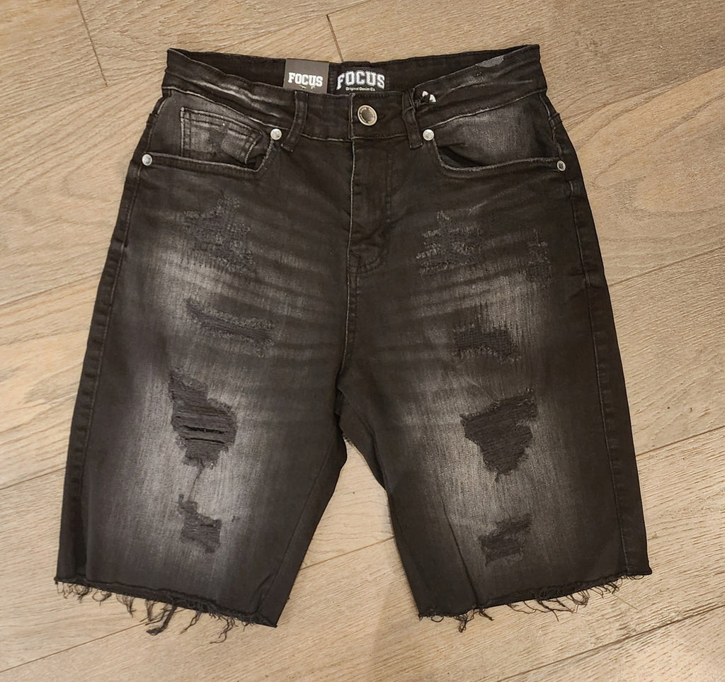 Focus Distressed Denim Shorts - Black Wash