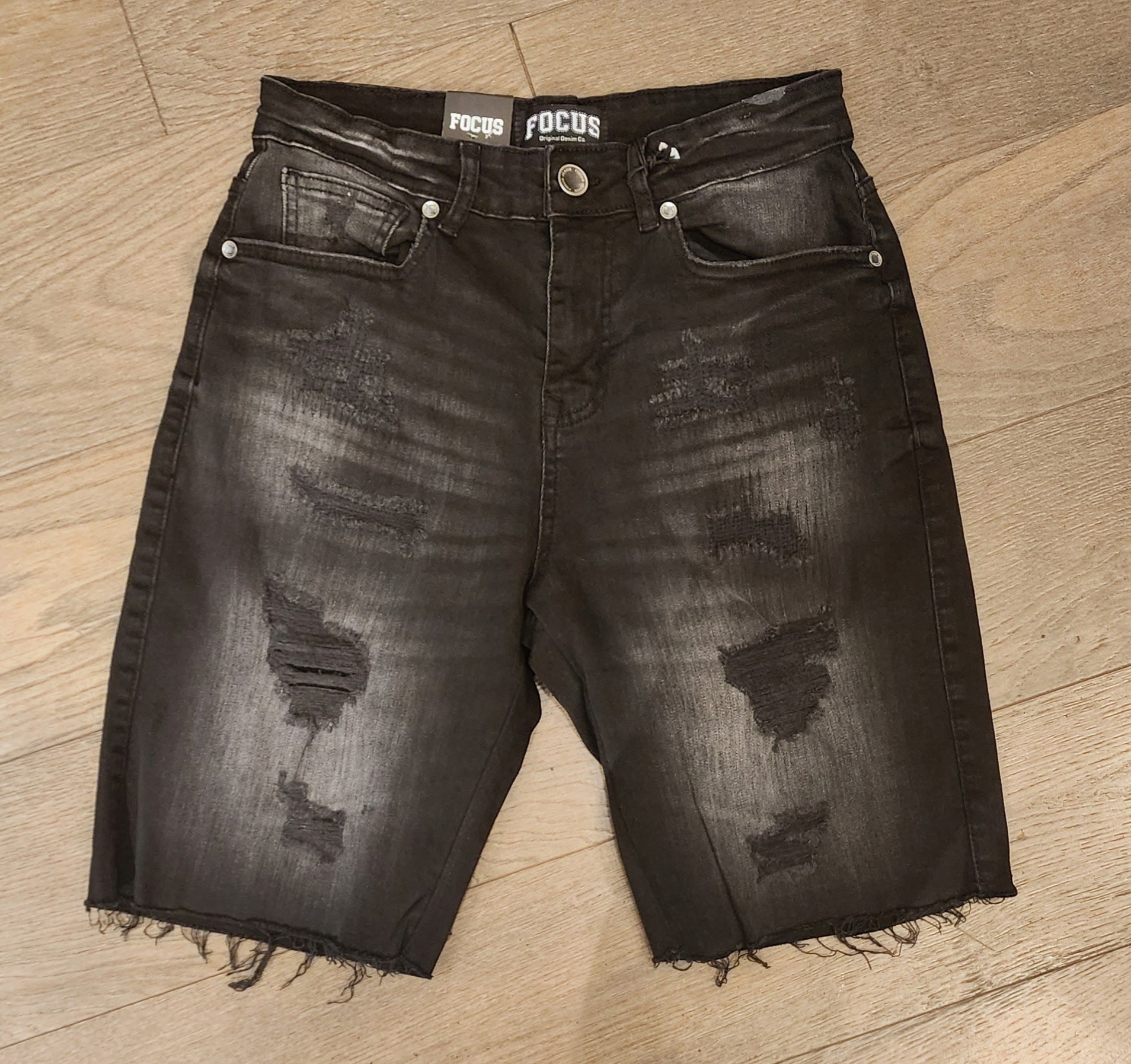 Focus Distressed Denim Shorts - Black Wash