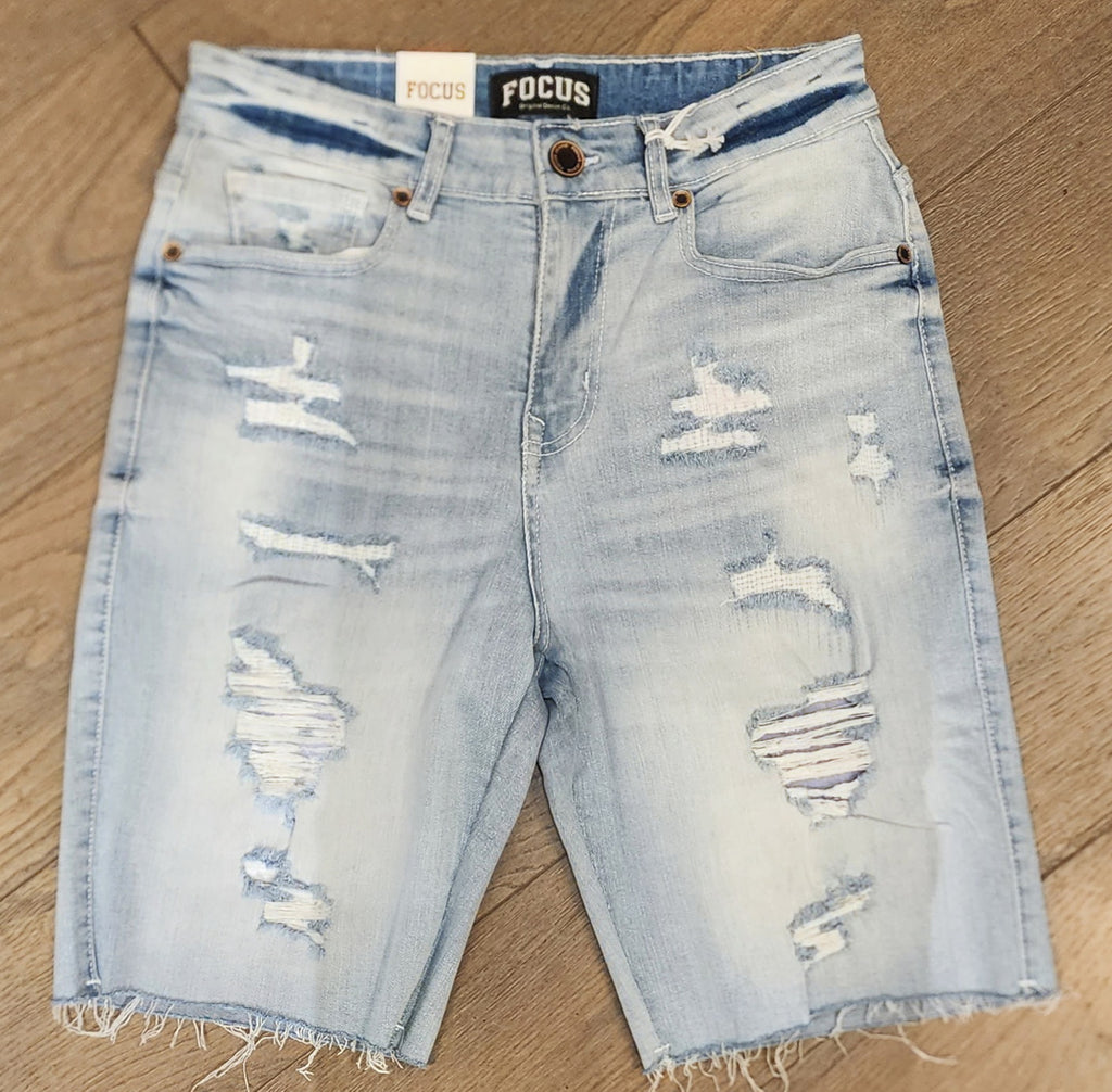 Focus Distressed Denim Shorts - Blue