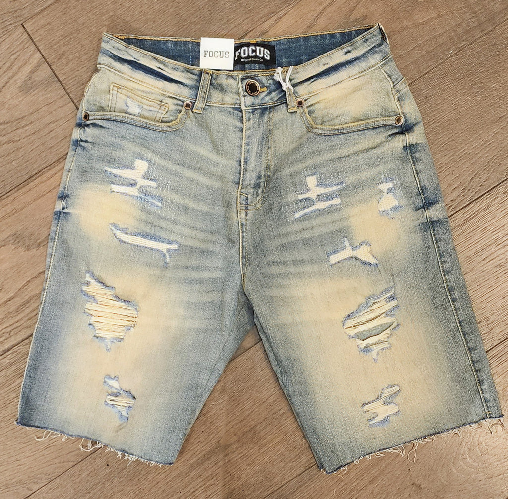 Focus Distressed Denim Shorts - Vintage Wash