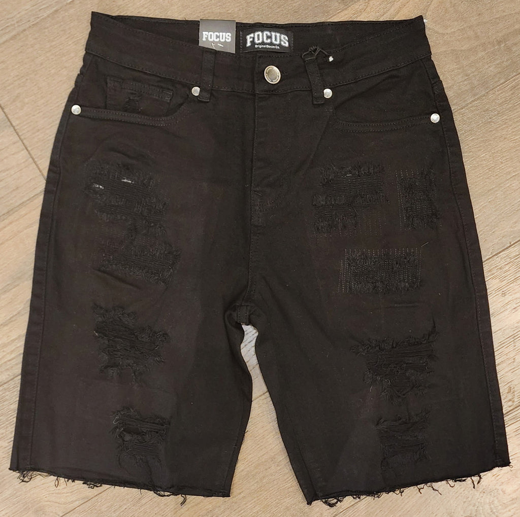 Focus Distressed Denim Shorts - Black