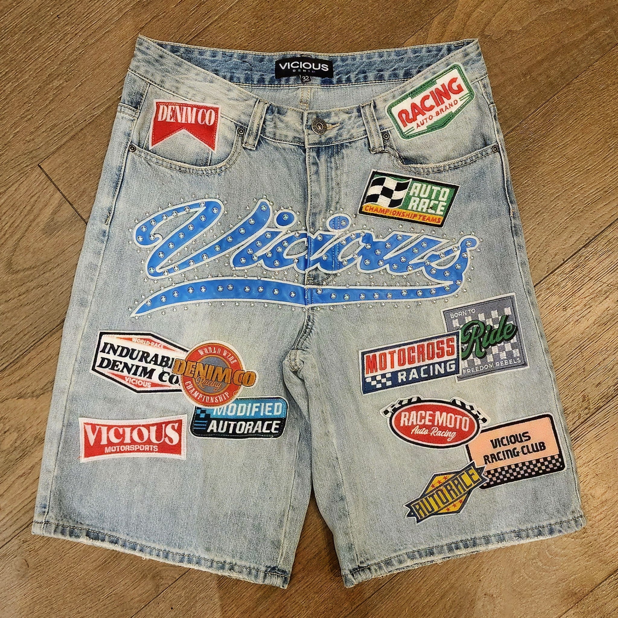 Vicious Racing Club Patch Denim Shorts - Blue