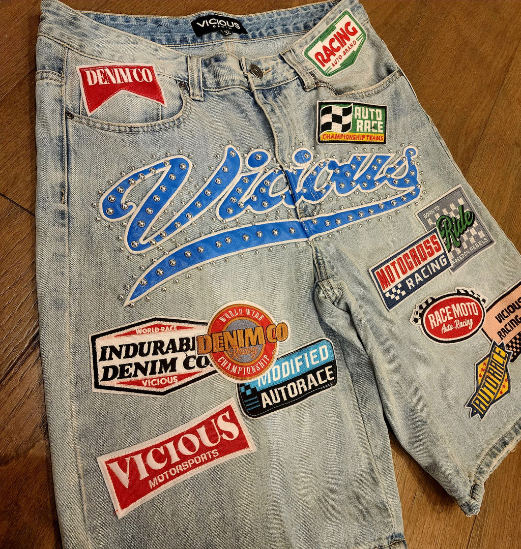 Vicious Racing Club Patch Denim Shorts - Blue