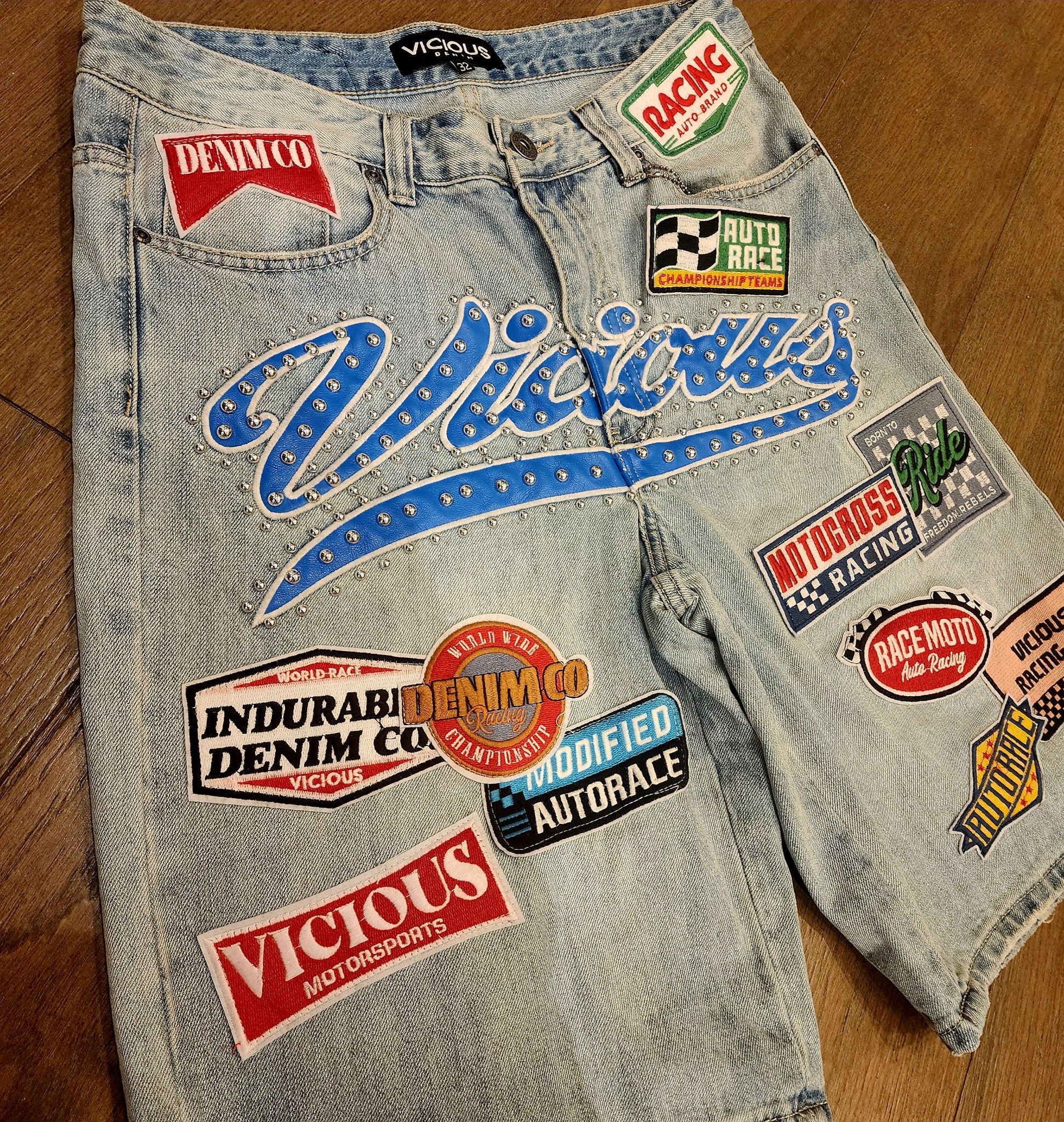 Vicious Racing Club Patch Denim Shorts - Blue