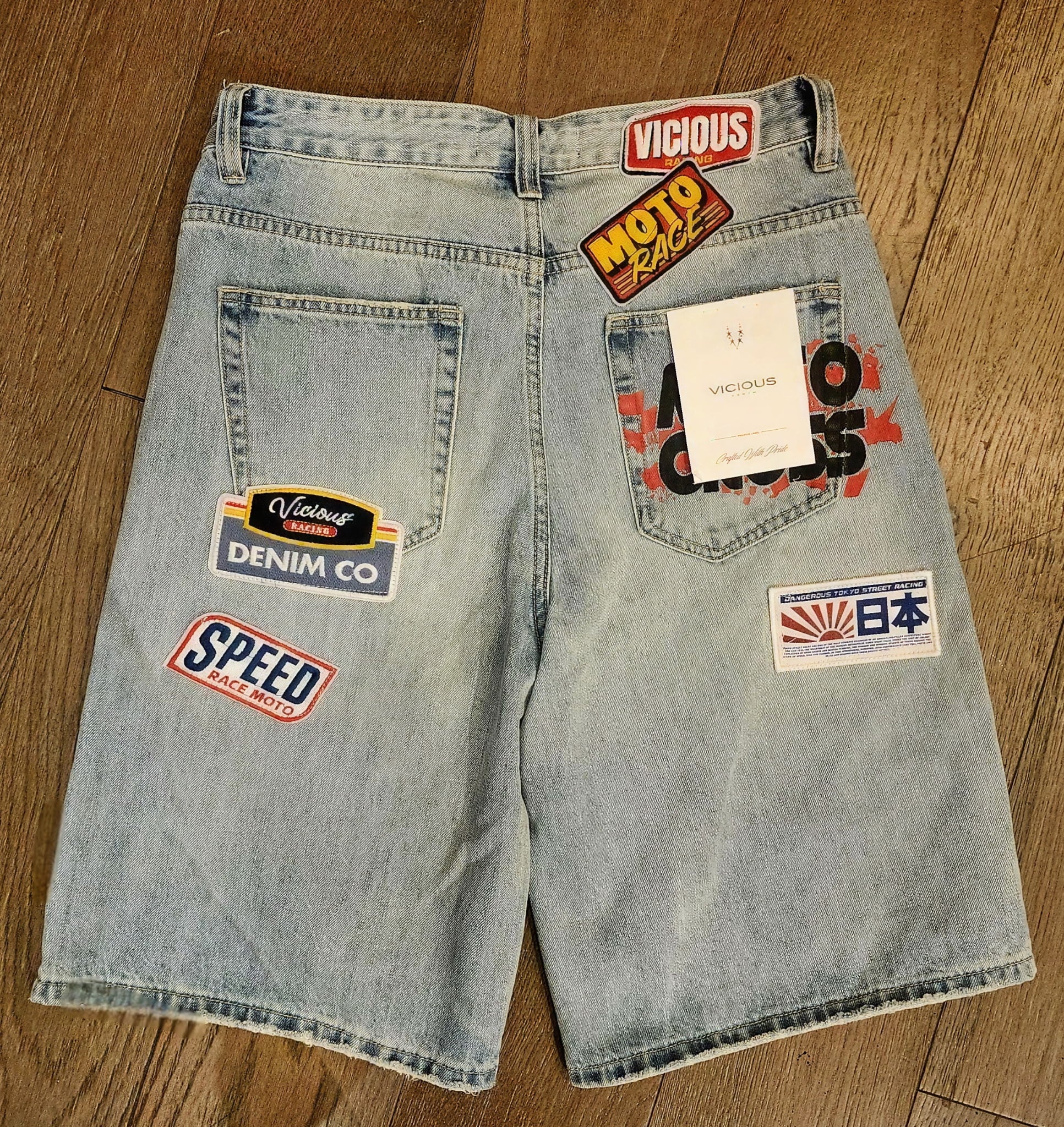 Vicious Racing Club Patch Denim Shorts - Blue