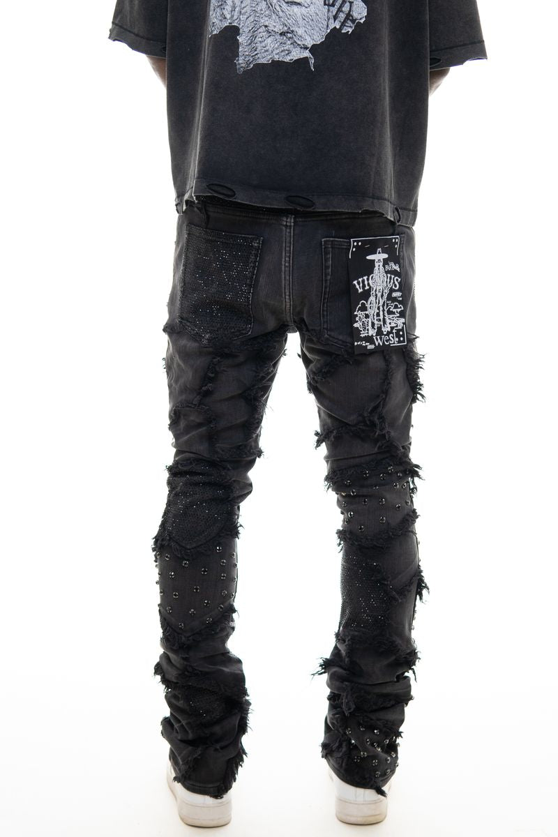 VICIOUS Rhinestone Patchwork Stacked Jeans - Black