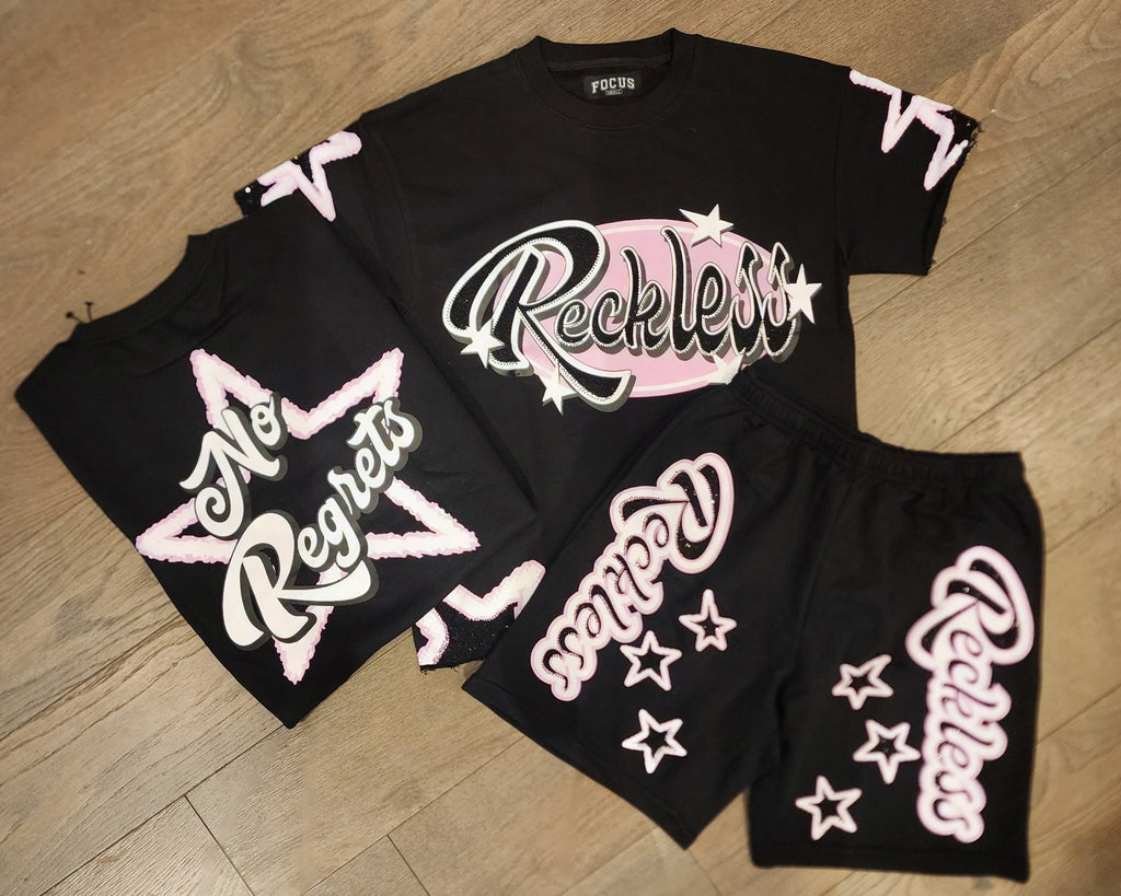 Focus Reckless Rhinestone Star Short Set – Black/Pink