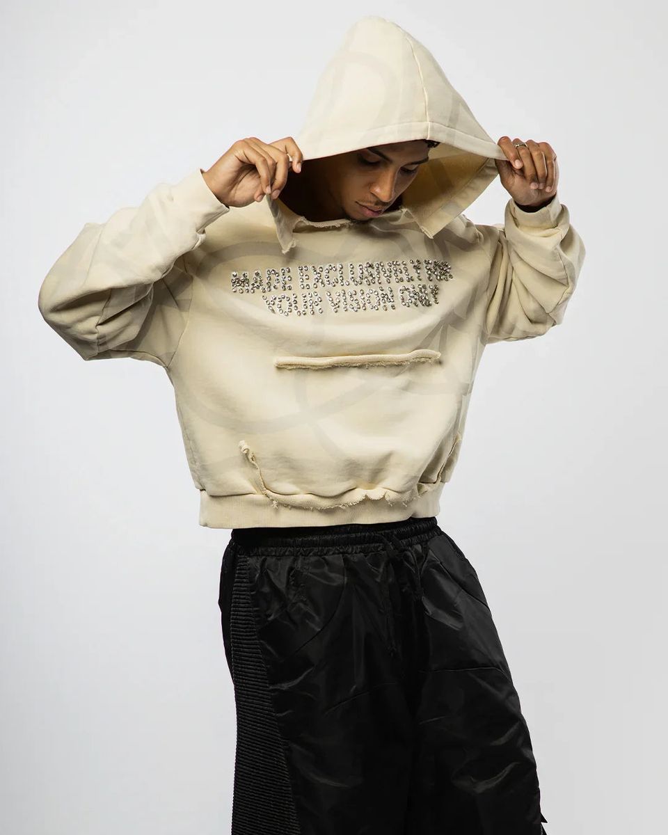 VISIONARY CLUB TWISTED CHAOS DISTRESSED HOODIE - Cream