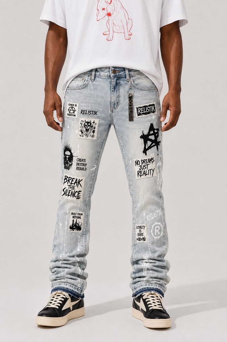 Reelistik BREAK THE SILENCE STACKED SLIM FIT PATCHED STRETCH Jeans - Light Blue Wash