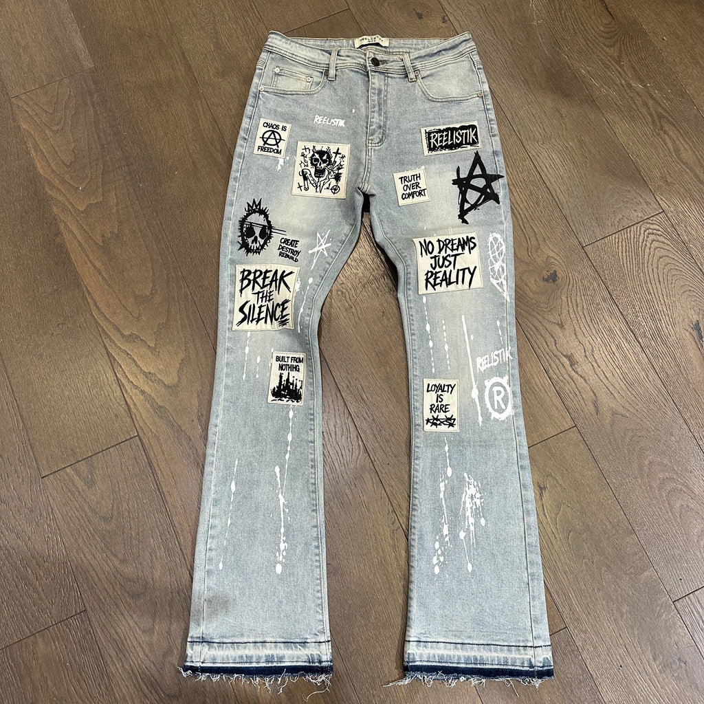 Reelistik BREAK THE SILENCE STACKED SLIM FIT PATCHED STRETCH Jeans - Light Blue Wash