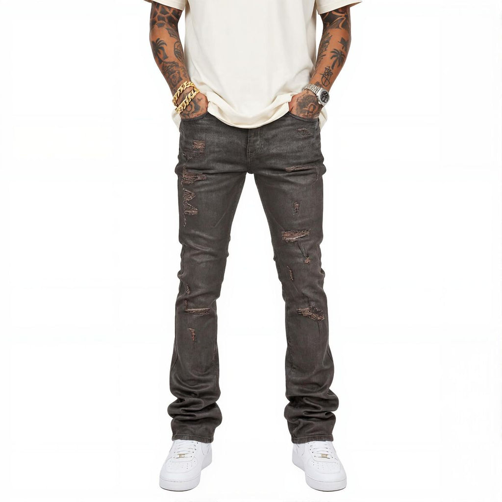 VICIOUS Distressed Coated Flare Jeans - Brown