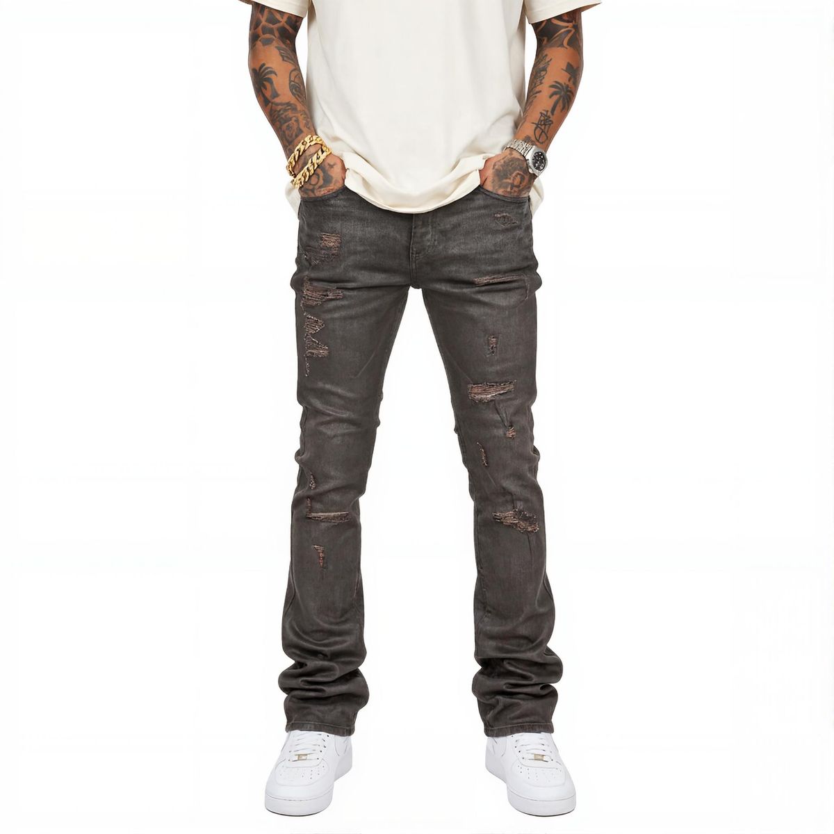 VICIOUS Distressed Coated Flare Jeans - Brown