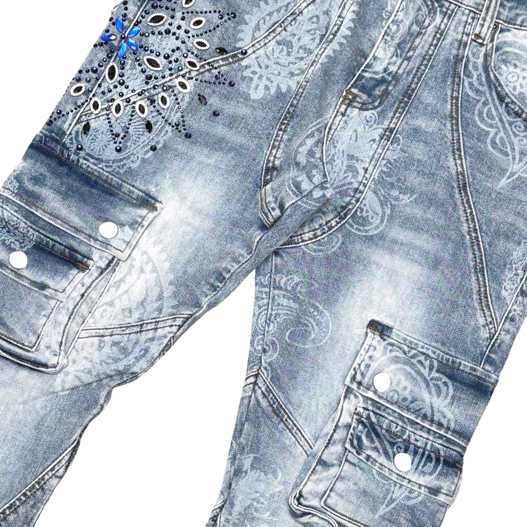 VICIOUS Paisley Rhinestone Cargo Flare Jeans - Blue
