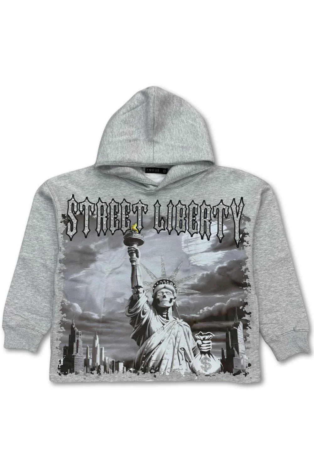 FOCUS STREET LIBERTY RHINESTONE CROPPED HOODIE - Grey