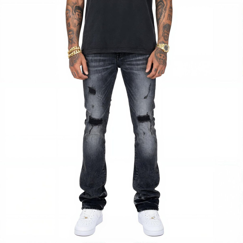 VICIOUS Distressed Flare Jeans - Washed Black