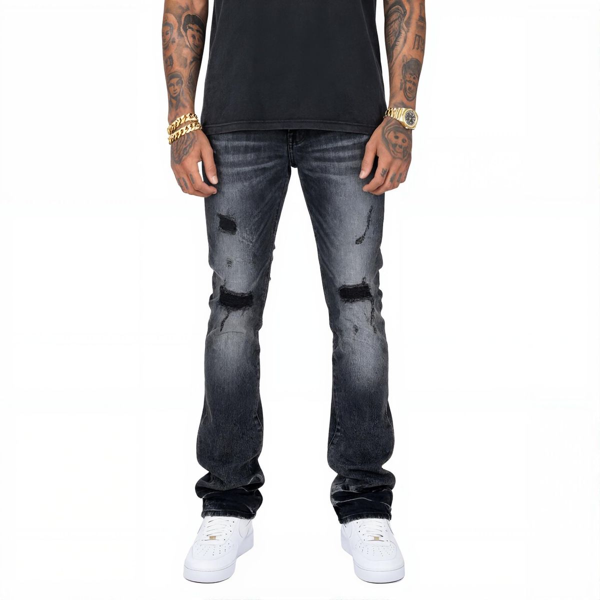 VICIOUS Distressed Flare Jeans - Washed Black