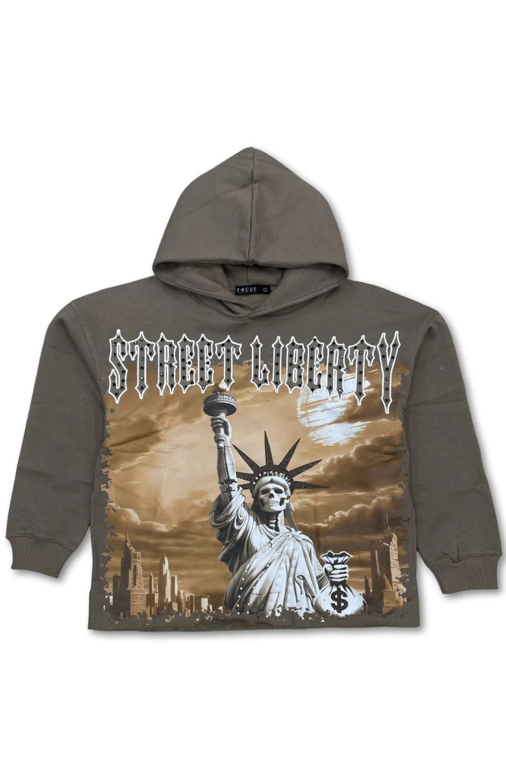 FOCUS STREET LIBERTY RHINESTONE CROPPED HOODIE - Mocha