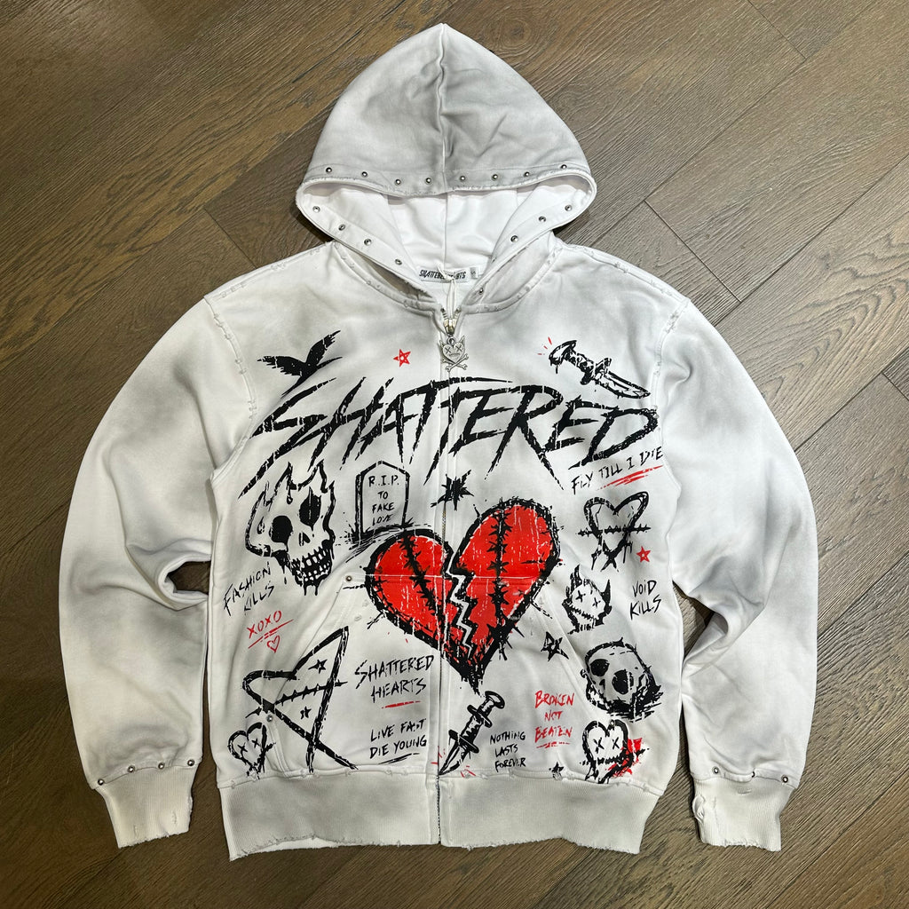 Shattered Hearts Doodle Hoodie - White
