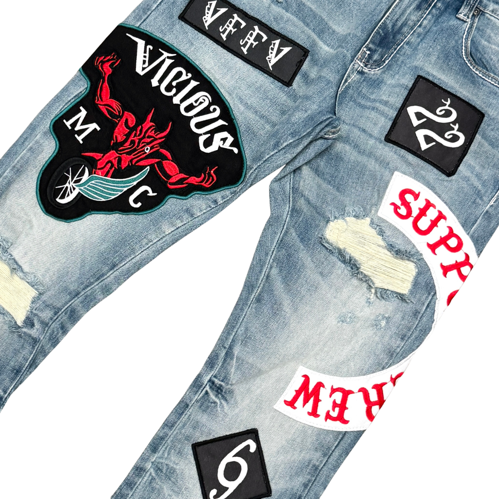 VICIOUS Motor Club Patchwork Flare Jeans - Light Blue