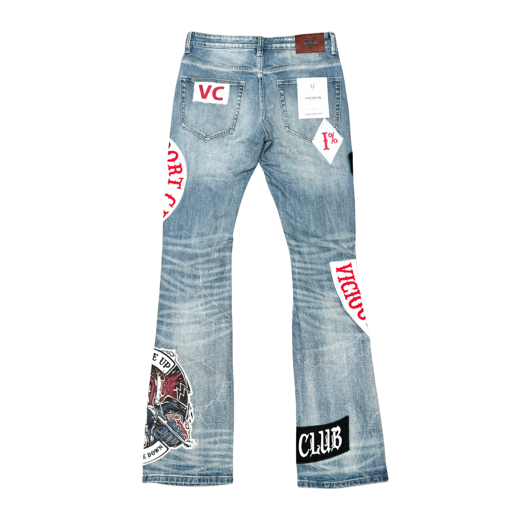VICIOUS Motor Club Patchwork Flare Jeans - Light Blue