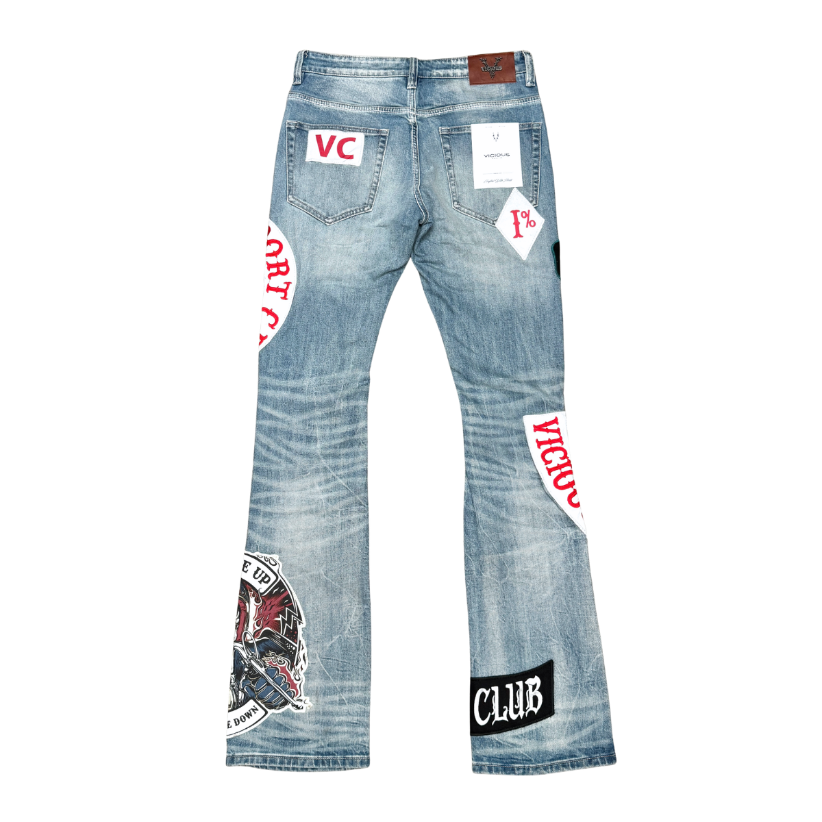 VICIOUS Motor Club Patchwork Flare Jeans - Light Blue