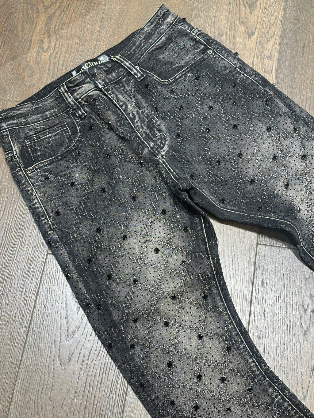VICOUS Rhinestone Stacked Jeans - Black Wash
