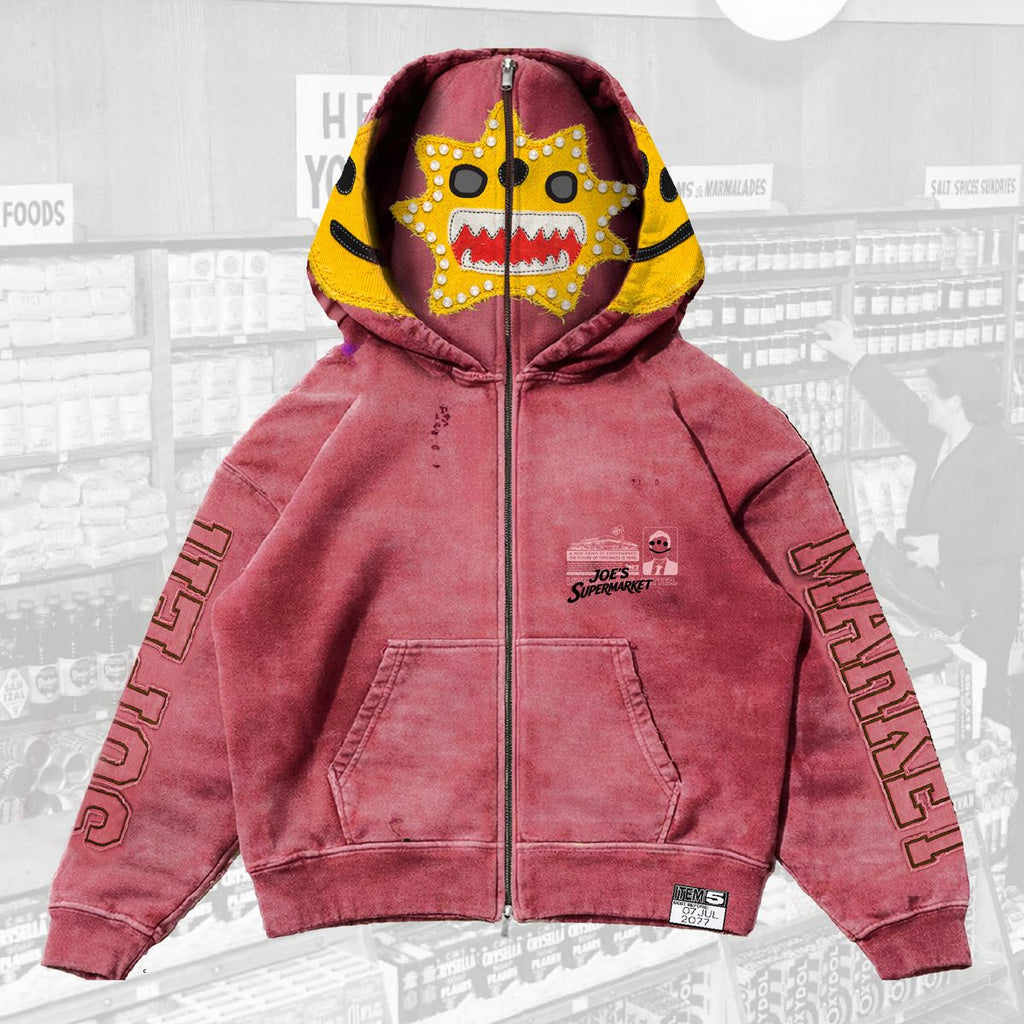 JOES SUPERMARKET Double-hood, thermal-lined full-zip hoodie - Red