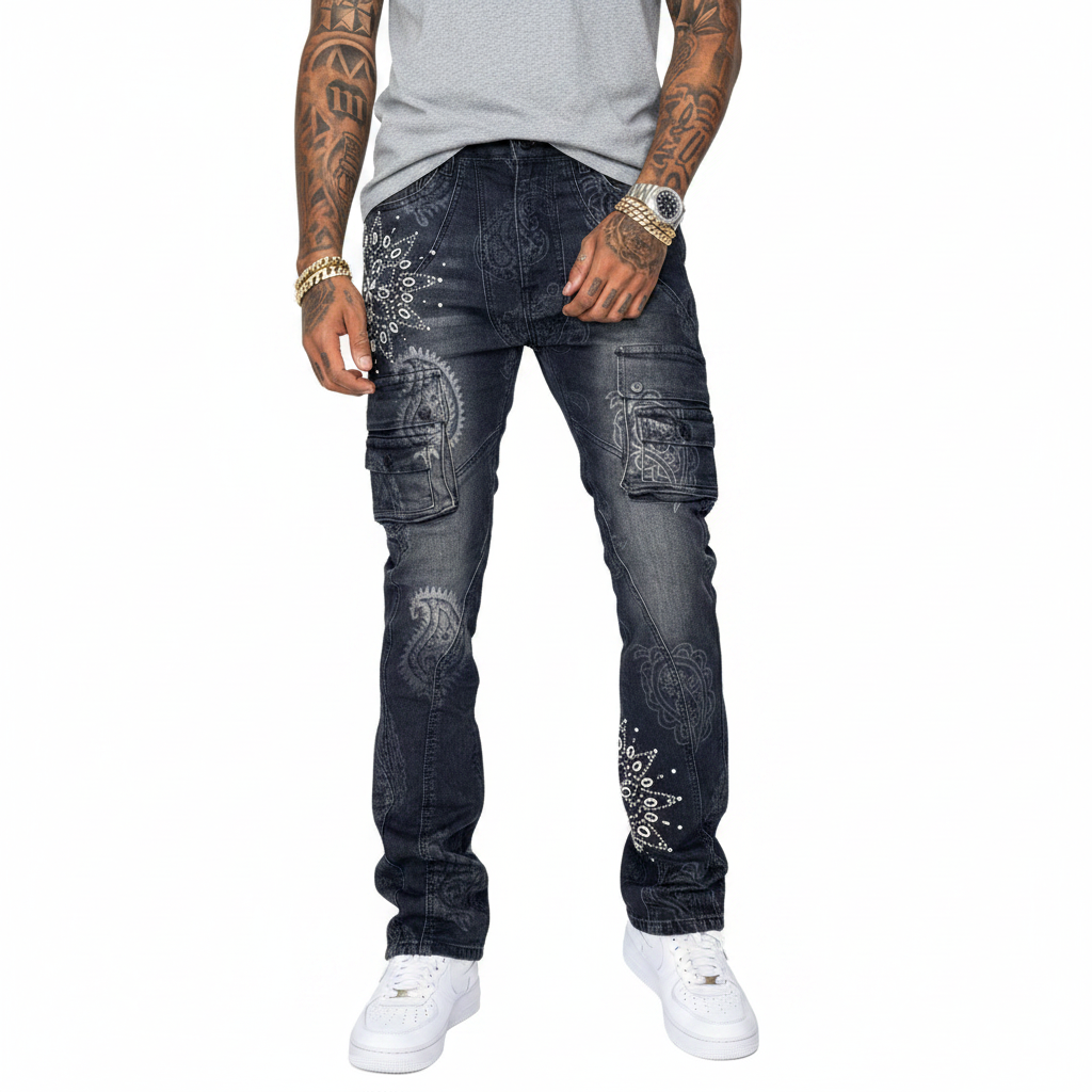 VICIOUS Paisley Rhinestone Cargo Flare Jeans - Black