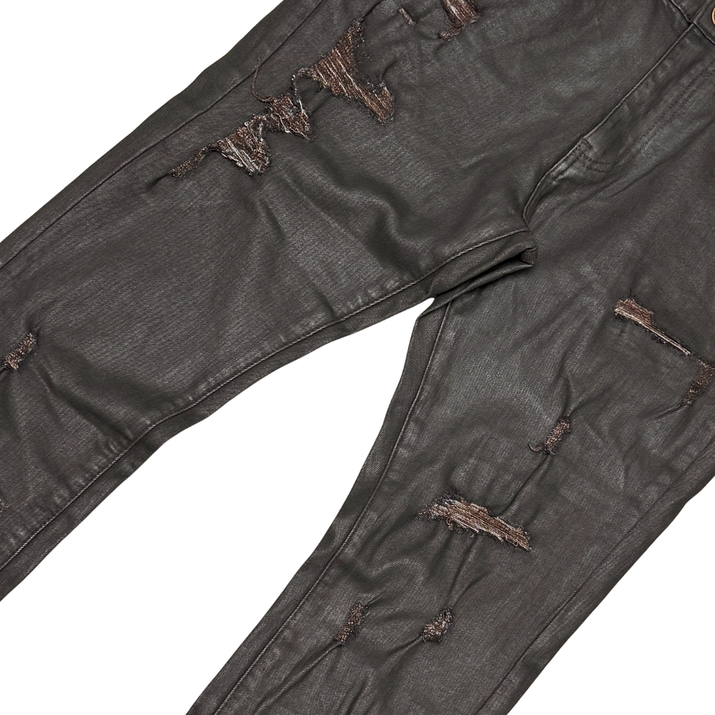 VICIOUS Distressed Coated Flare Jeans - Brown
