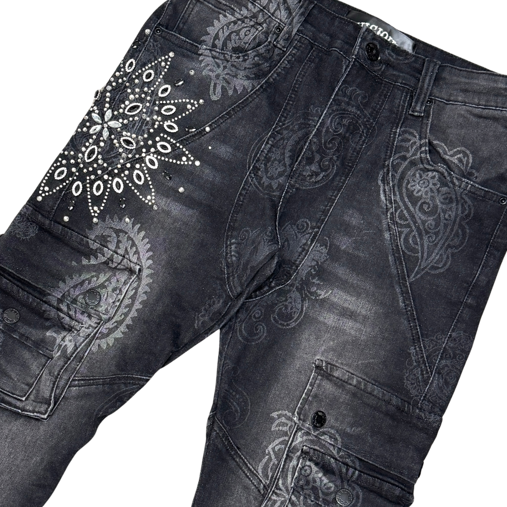 VICIOUS Paisley Rhinestone Cargo Flare Jeans - Black