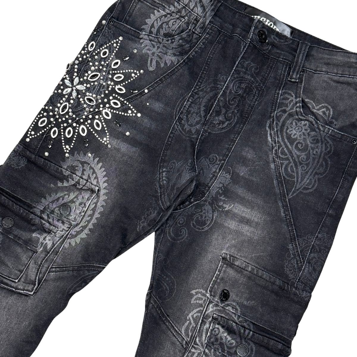 VICIOUS Paisley Rhinestone Cargo Flare Jeans - Black