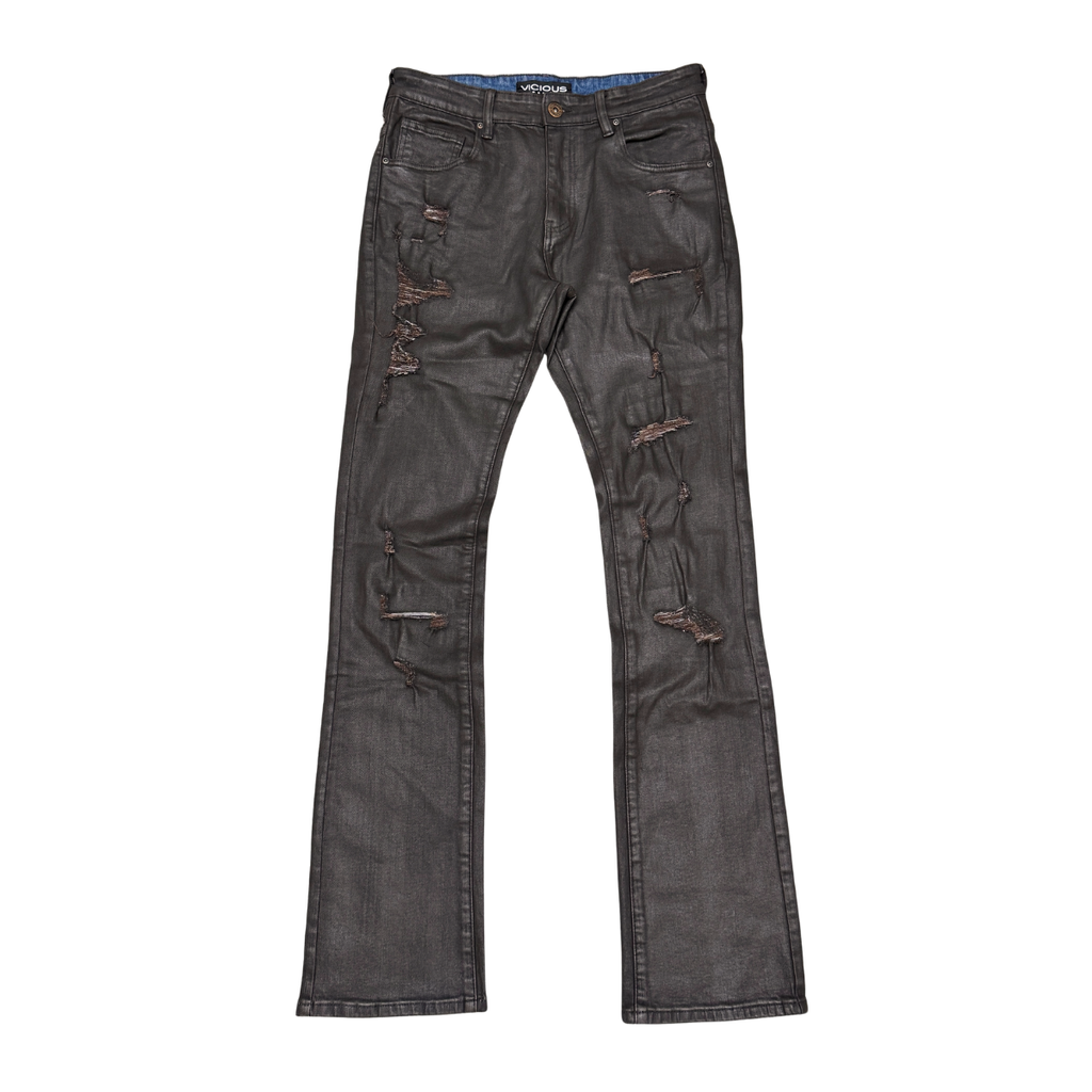 VICIOUS Distressed Coated Flare Jeans - Brown