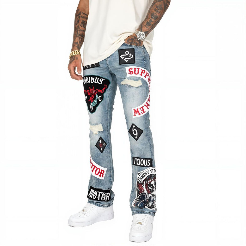 VICIOUS Motor Club Patchwork Flare Jeans - Light Blue
