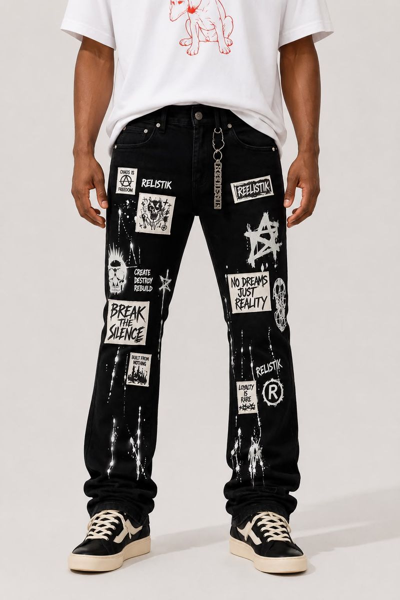 Reelistik BREAK THE SILENCE STACKED SLIM FIT PATCHED STRETCH Jeans - Black