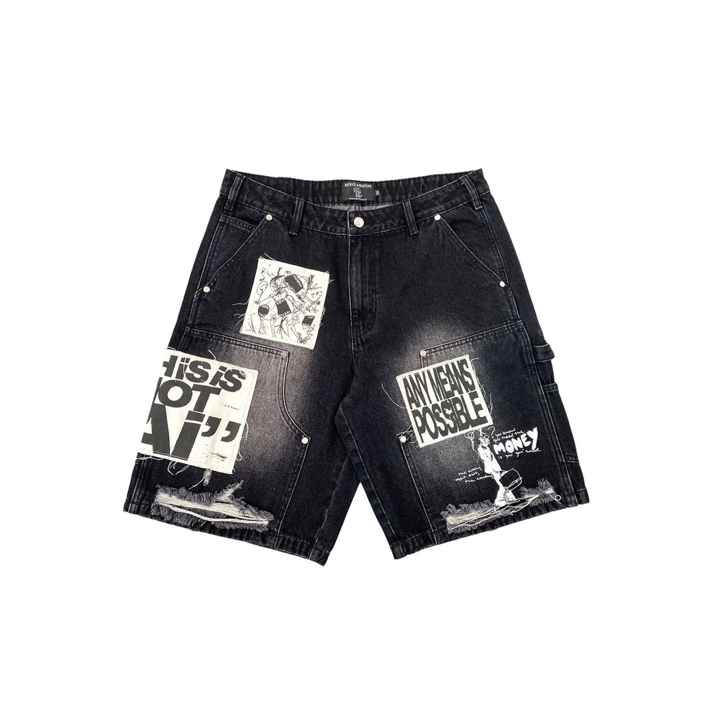 Mixed Emotions Black “AI” Denim shorts