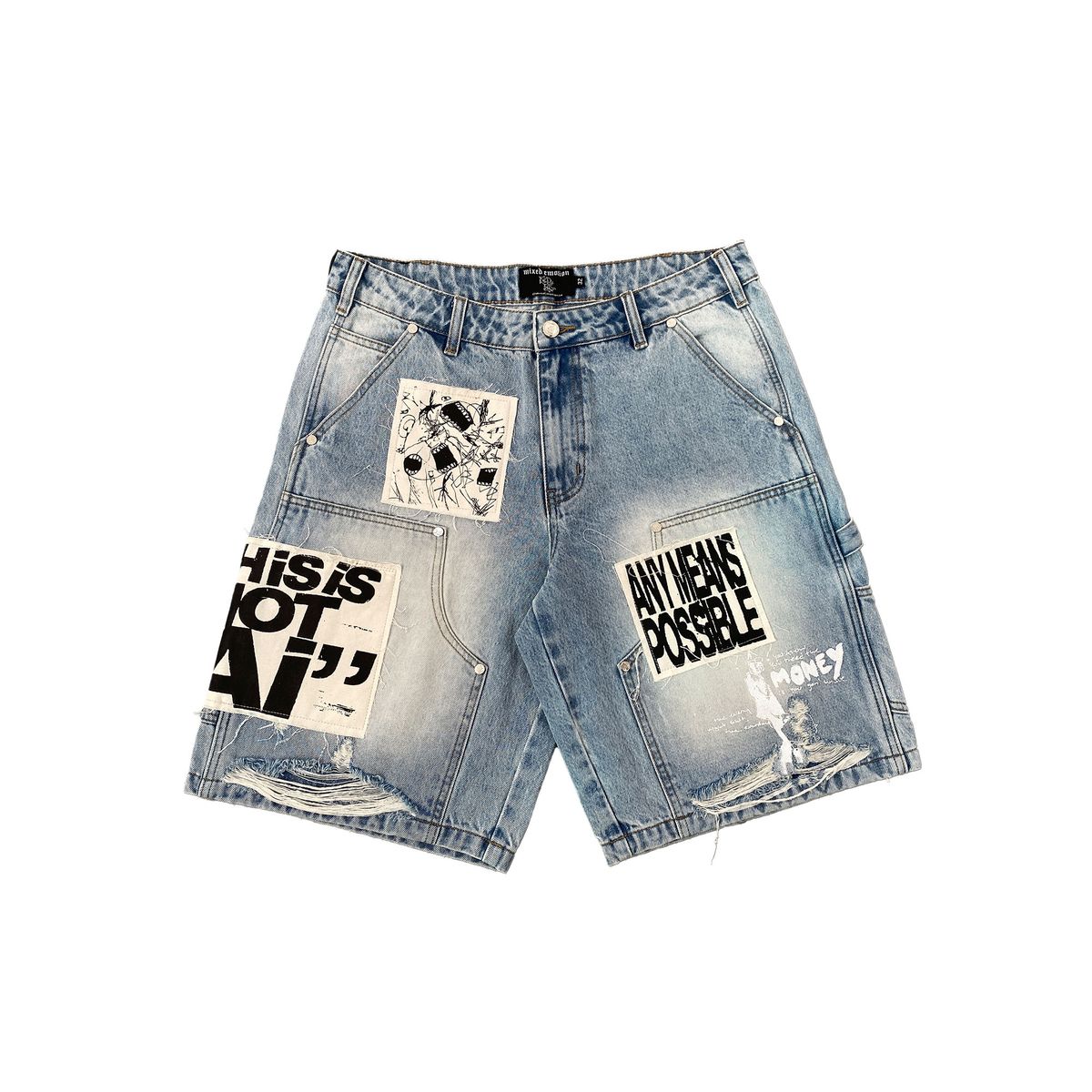Mixed Emotions Blue “AI” Denim shorts