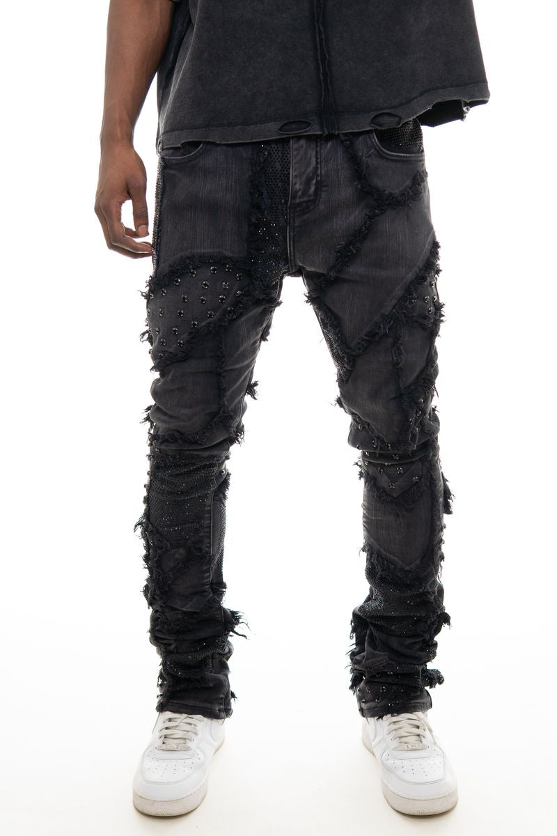VICIOUS Rhinestone Patchwork Stacked Jeans - Black