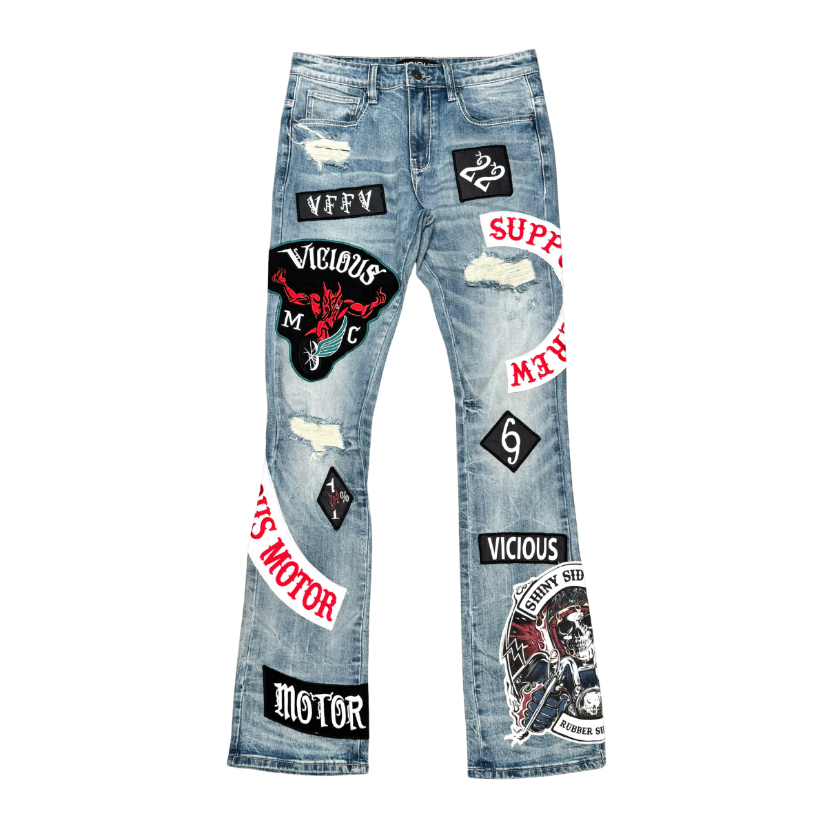 VICIOUS Motor Club Patchwork Flare Jeans - Light Blue
