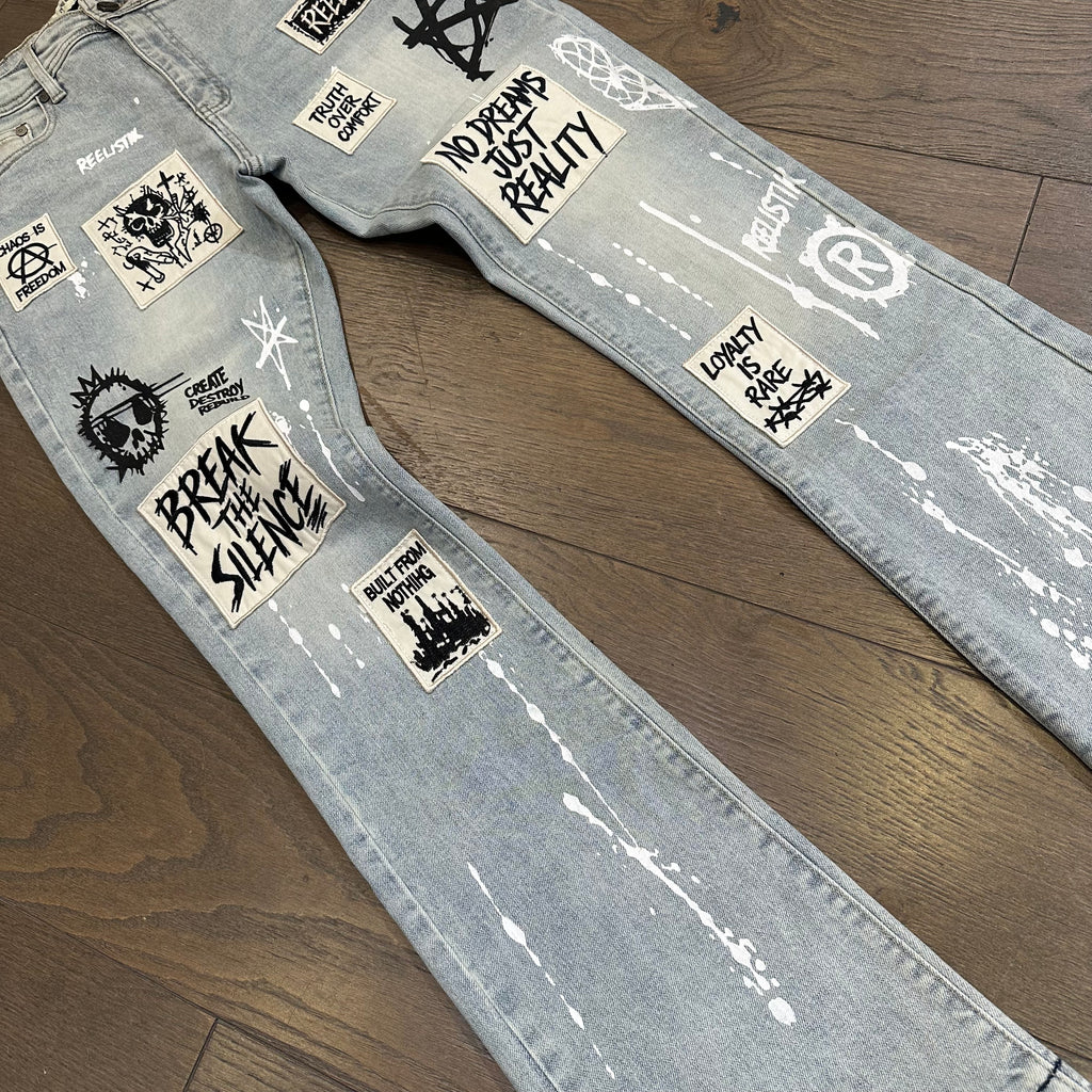 Reelistik BREAK THE SILENCE STACKED SLIM FIT PATCHED STRETCH Jeans - Light Blue Wash