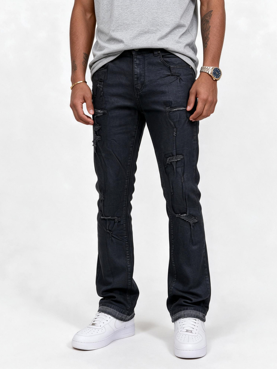 VICIOUS Distressed Coated Flare Jeans - Black