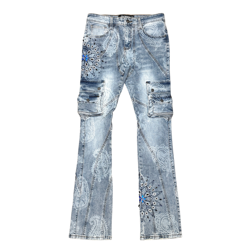 VICIOUS Paisley Rhinestone Cargo Flare Jeans - Blue