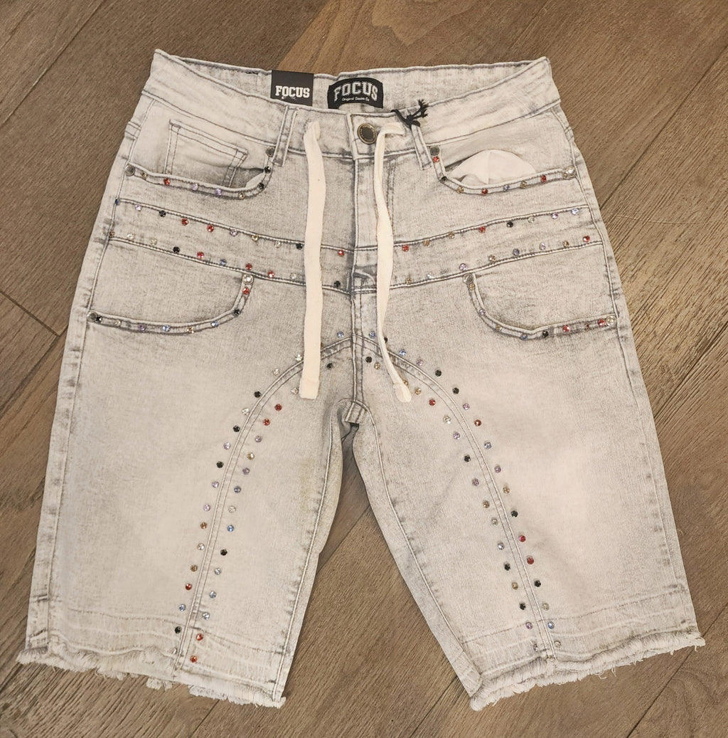 Focus Rhinestone Denim Shorts - Grey