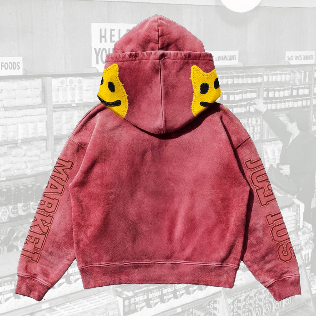 JOES SUPERMARKET Double-hood, thermal-lined full-zip hoodie - Red