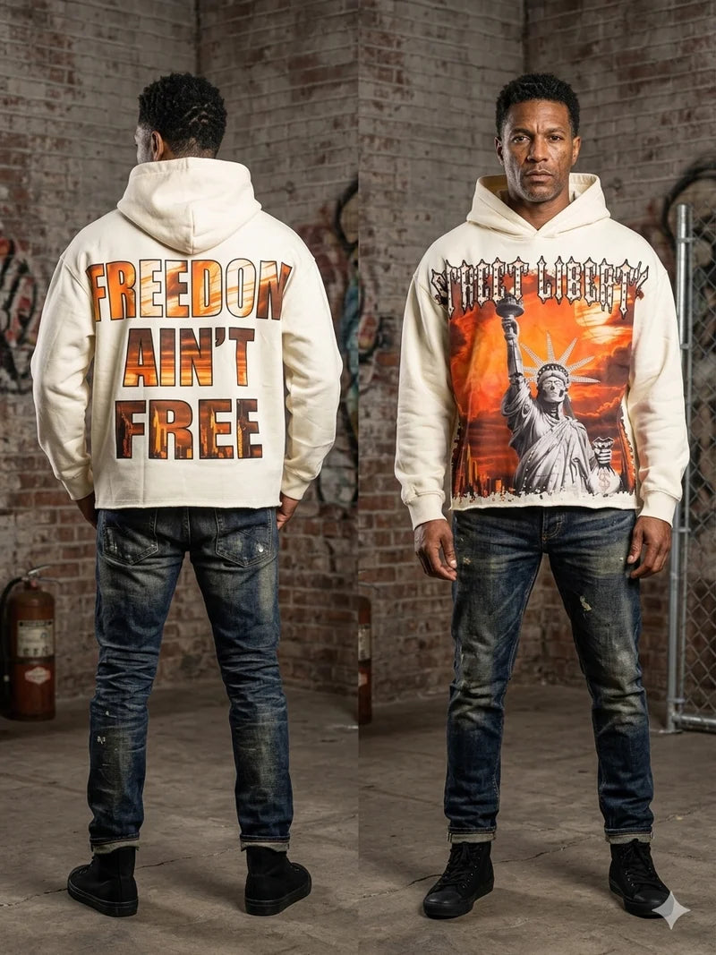 FOCUS STREET LIBERTY RHINESTONE CROPPED HOODIE - Cream